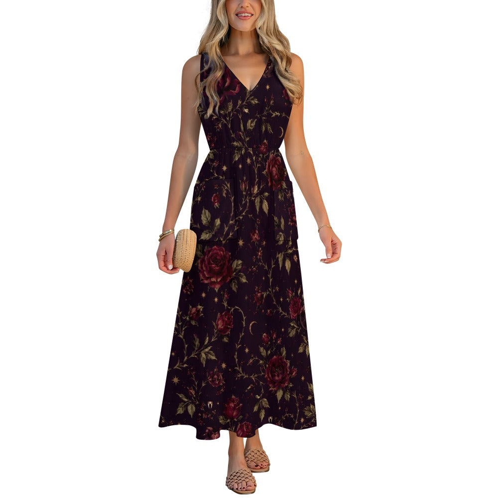 Plum Botanical Maxi Dress with Pockets | V-Neck Resort Dress