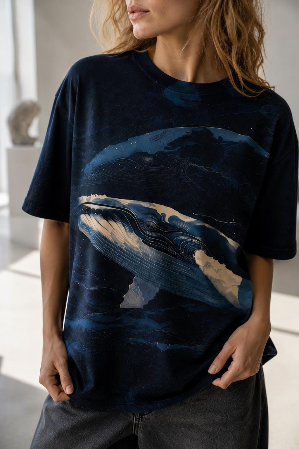Artistic Whale Cotton T-Shirt | Dark Nordic Marine Tee