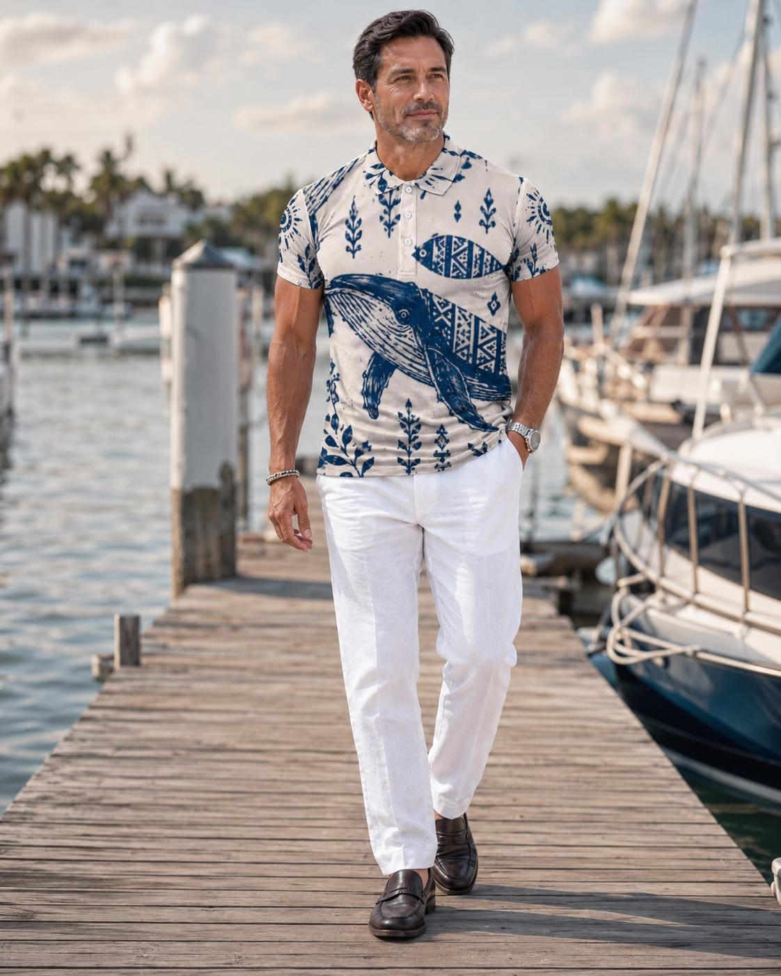 Men’s Whale Print Polo Shirt | Nautical Coastal Resort Top