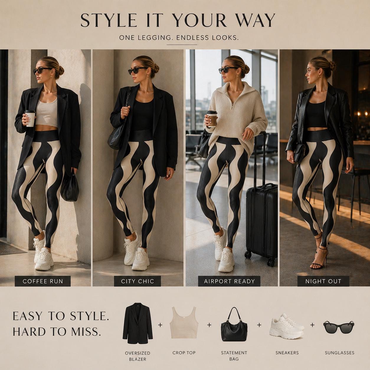 Black Beige Wave Leggings | Abstract High-Waist Yoga Pants