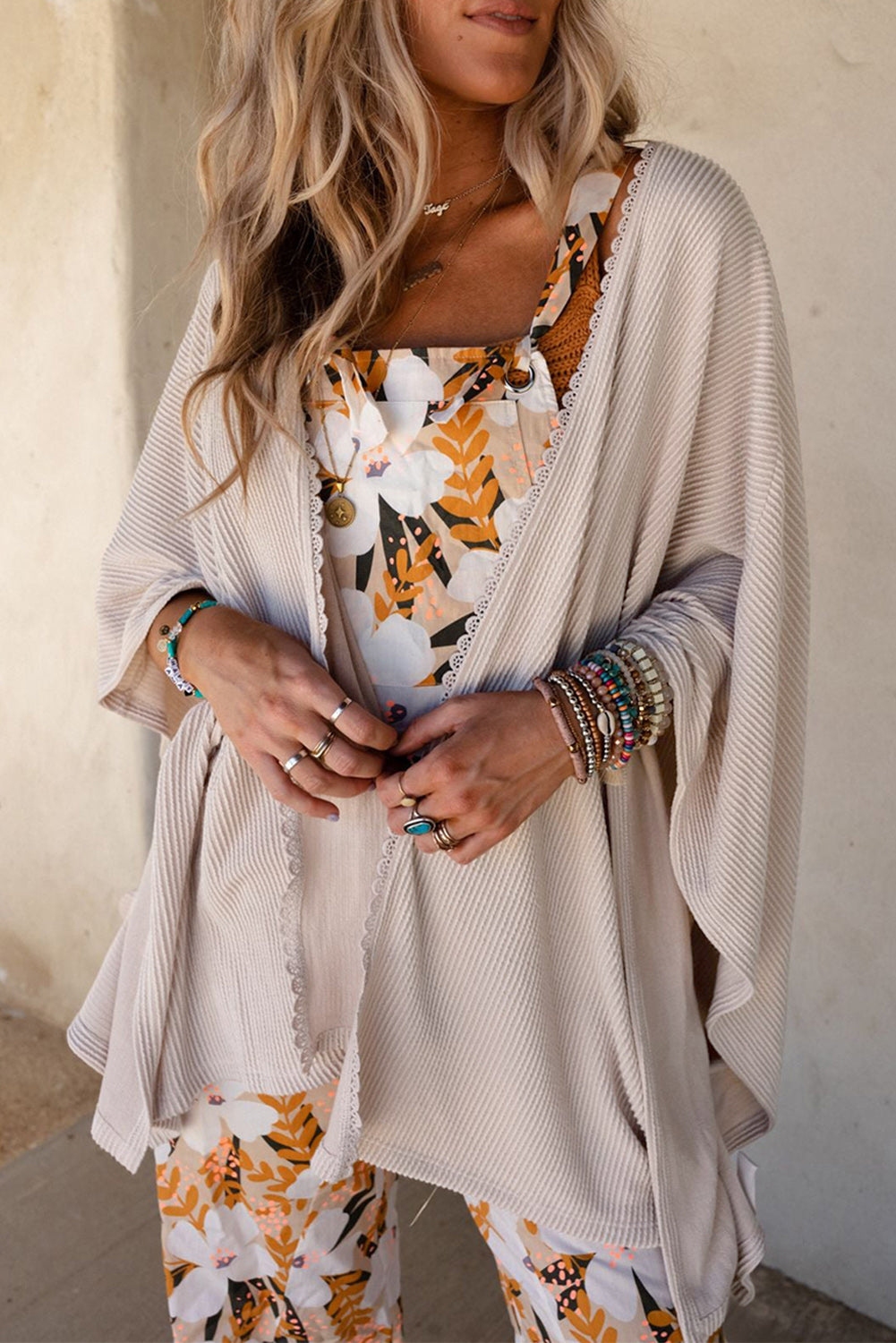 Women's Lace-Trim Ribbed Kimono Cardigan – Black or Apricot