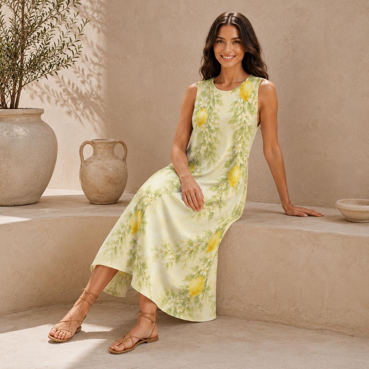 Lemon Floral Cotton Midi Dress | Garden Party A-Line Pocket Dress