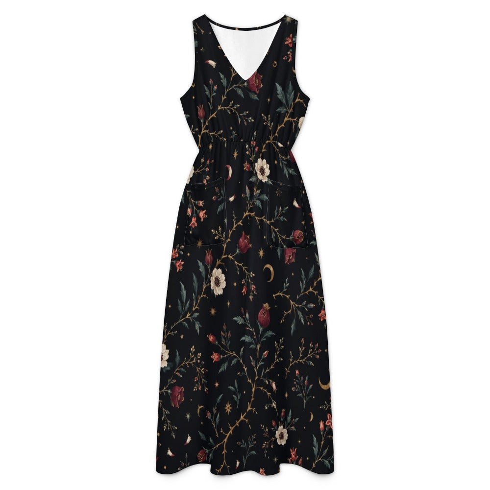 Black Abstract Floral Maxi Dress with Pockets | V-Neck