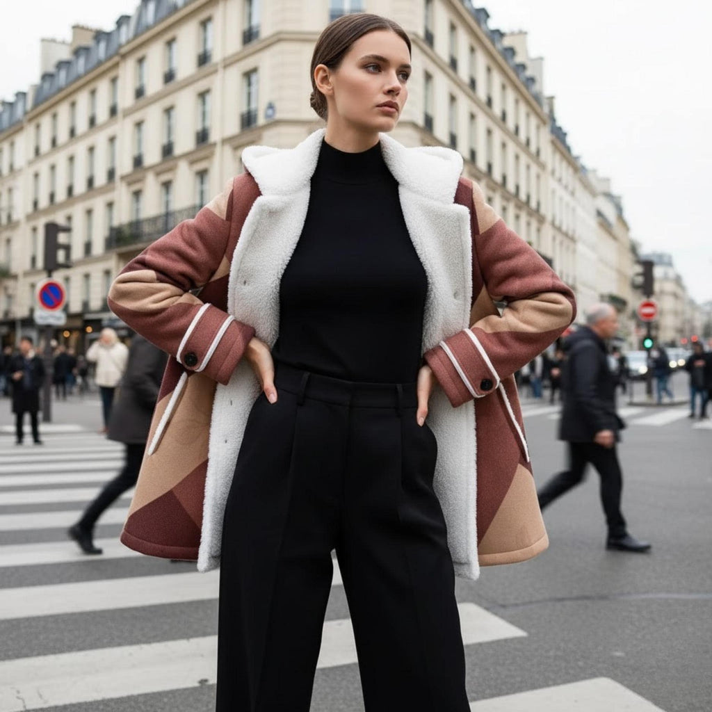 Burgundy Geometric Winter Coat | Fleece-Lined Quiet Luxury Jacket