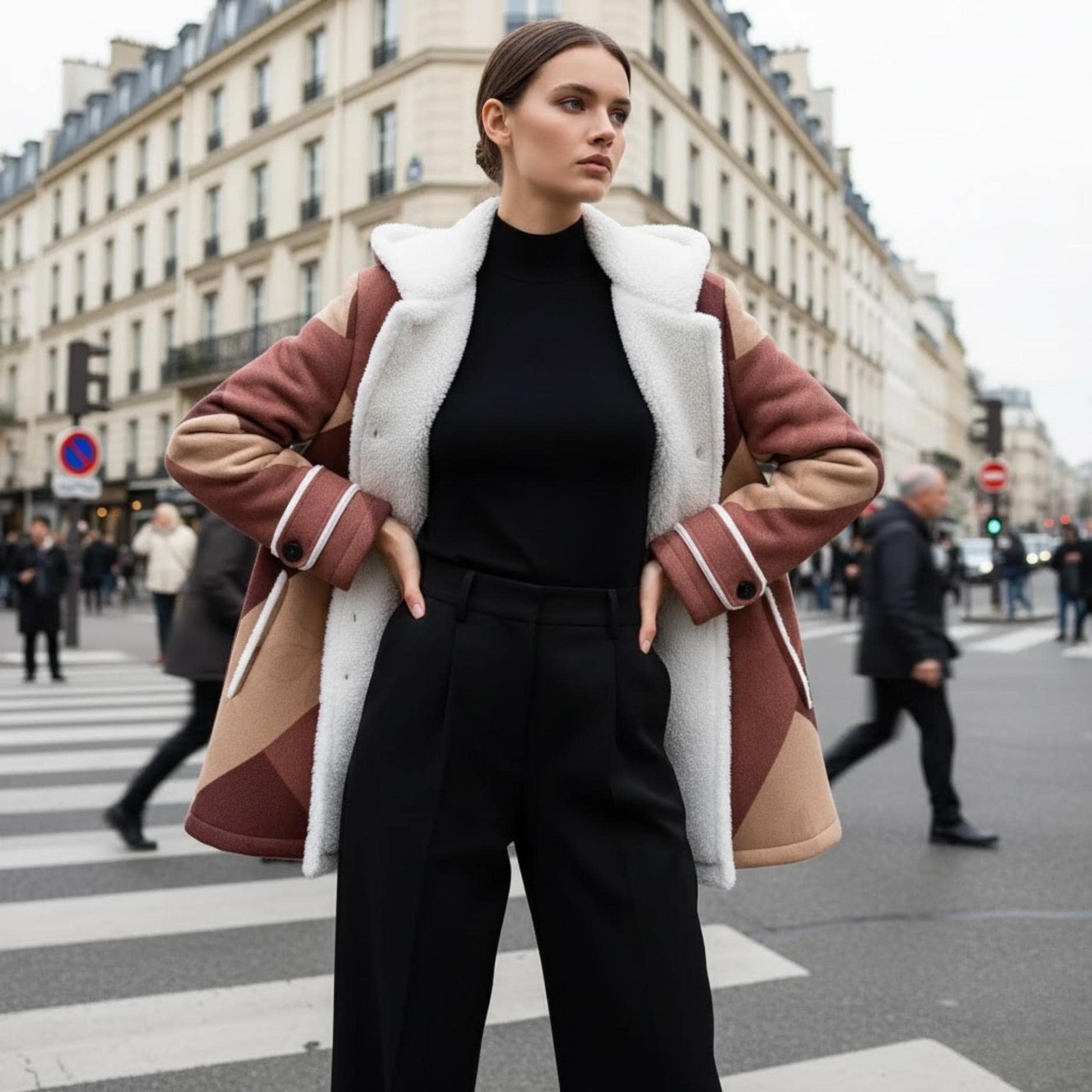 Burgundy Geometric Winter Coat | Fleece-Lined Quiet Luxury Jacket