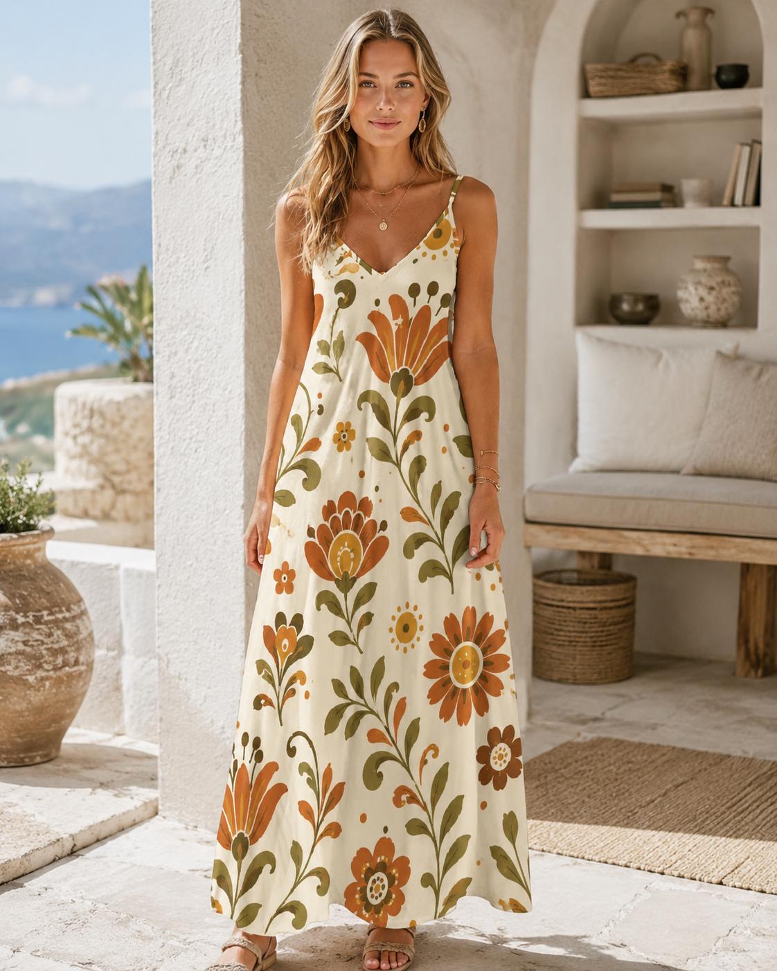 Retro Folk Floral Maxi Dress | 70s Botanical Resort Dress