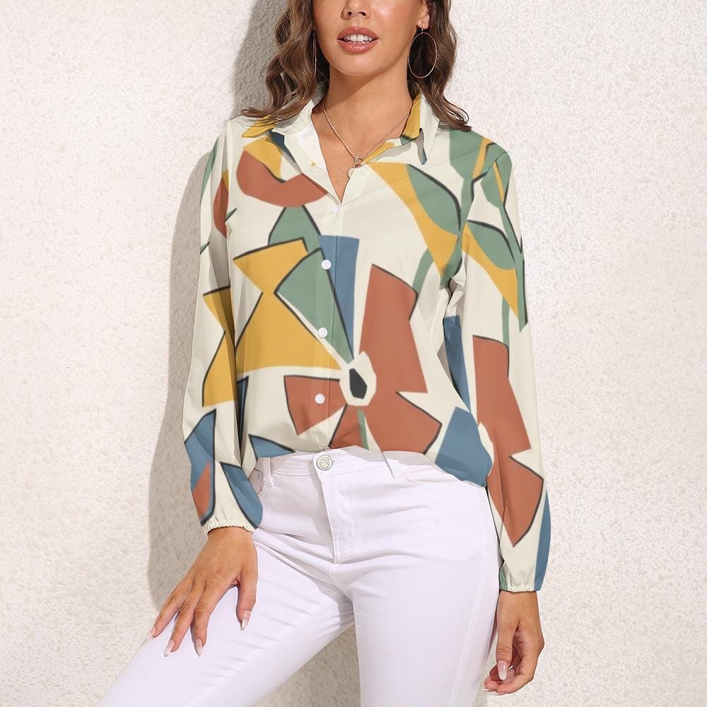 Abstract Geometric Button-Down Blouse | Modern Office Casual Top