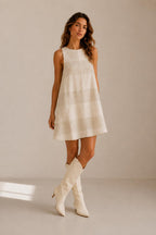 Scandinavian Gingham Resort Dress | Beige Coastal A-Line Pocket Dress