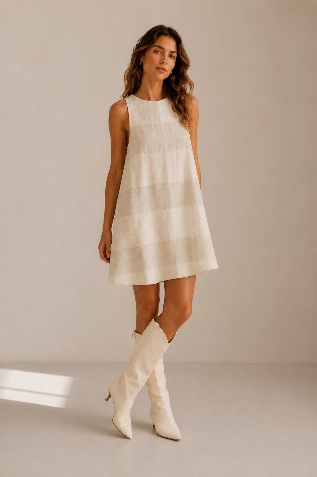 Scandinavian Gingham Resort Dress | Beige Coastal A-Line Pocket Dress