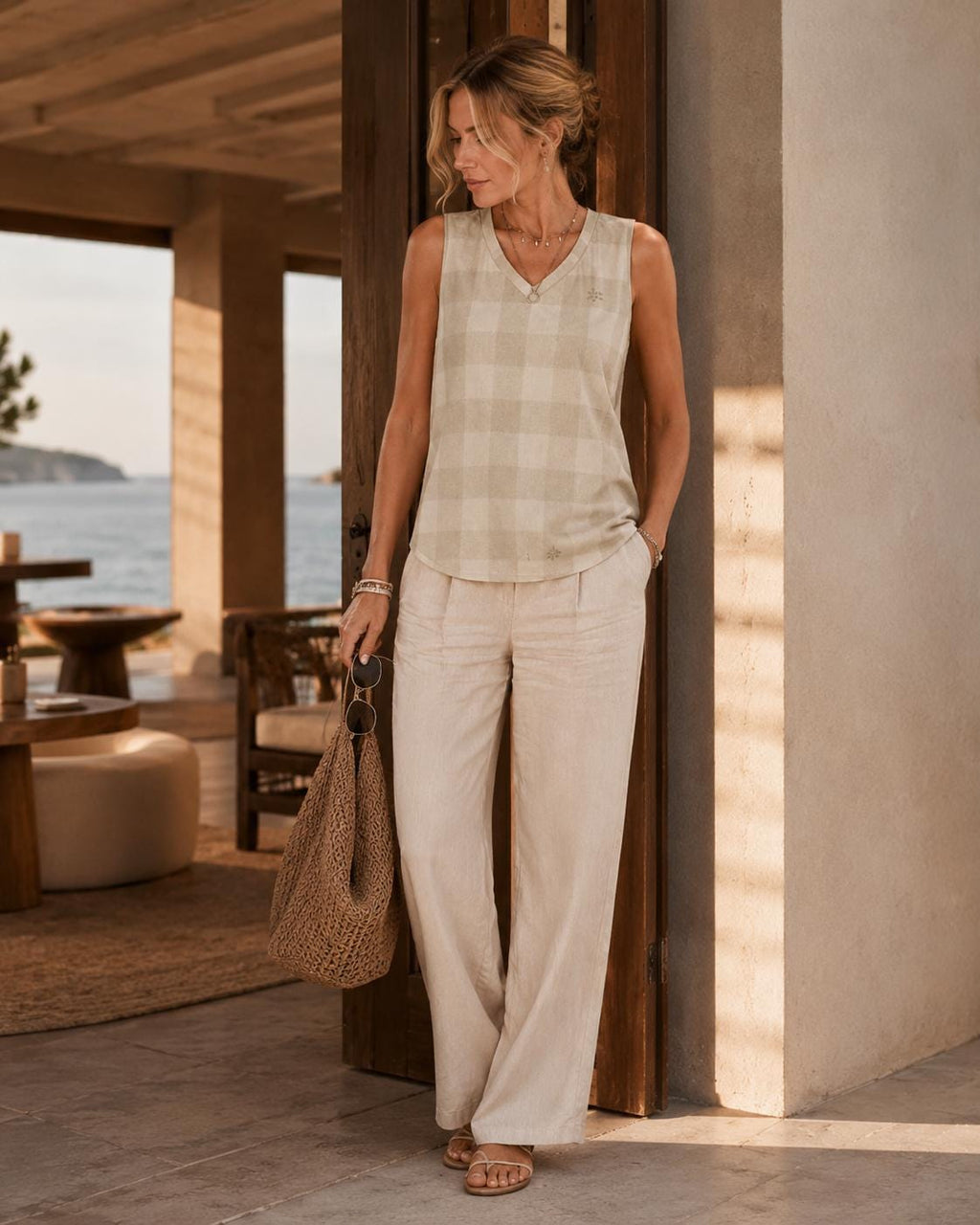 Neutral Gingham V-Neck Top | Minimalist Coastal Tank Blouse