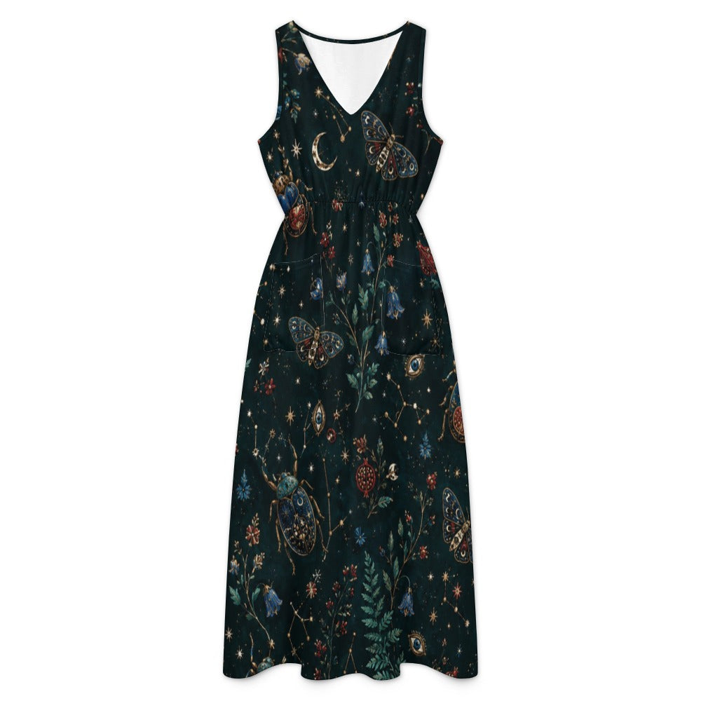 Deep Teal Botanical Maxi Dress with Pockets | V-Neck