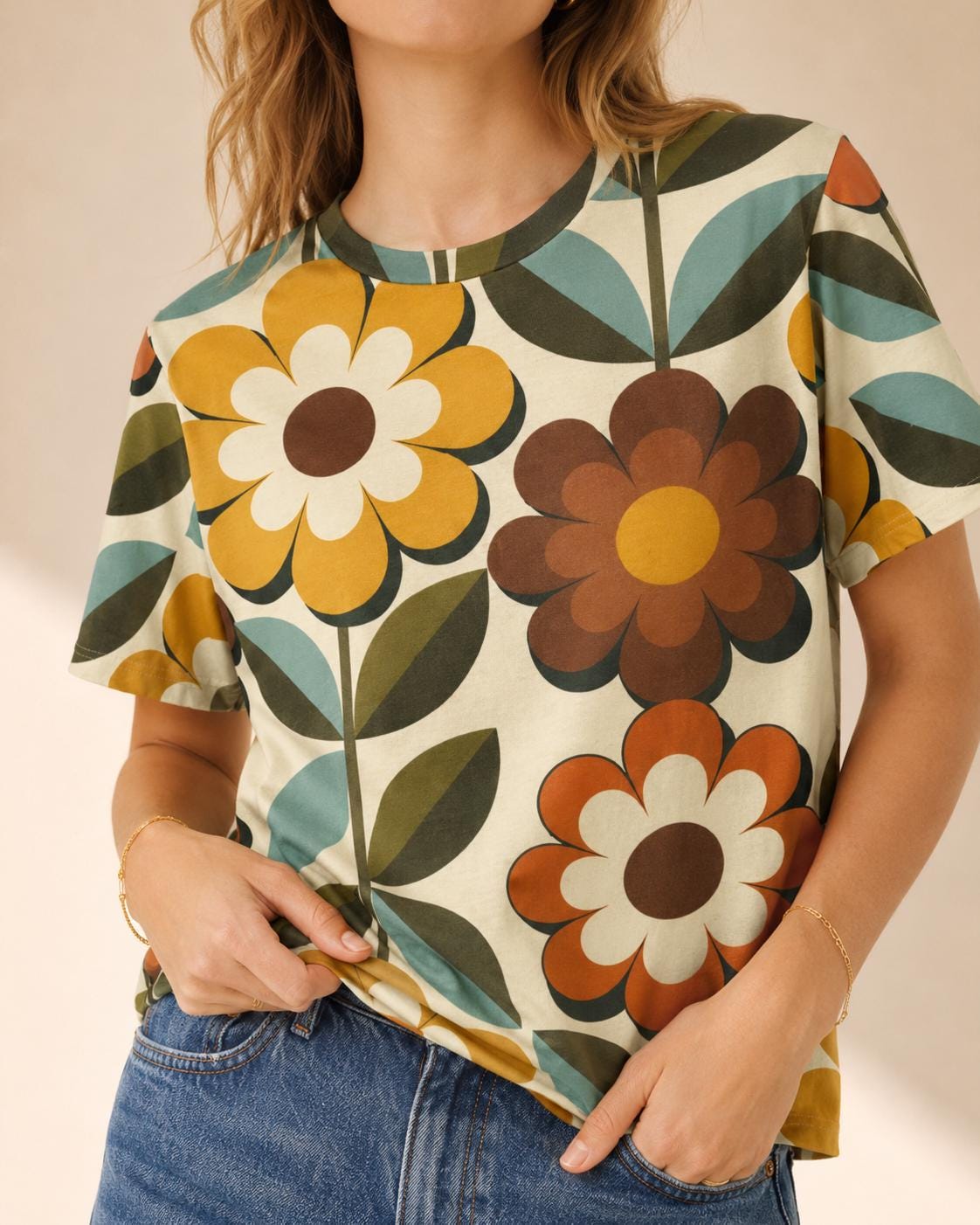 Retro Floral Cotton T-Shirt | 70s Colorful Boutique Tee