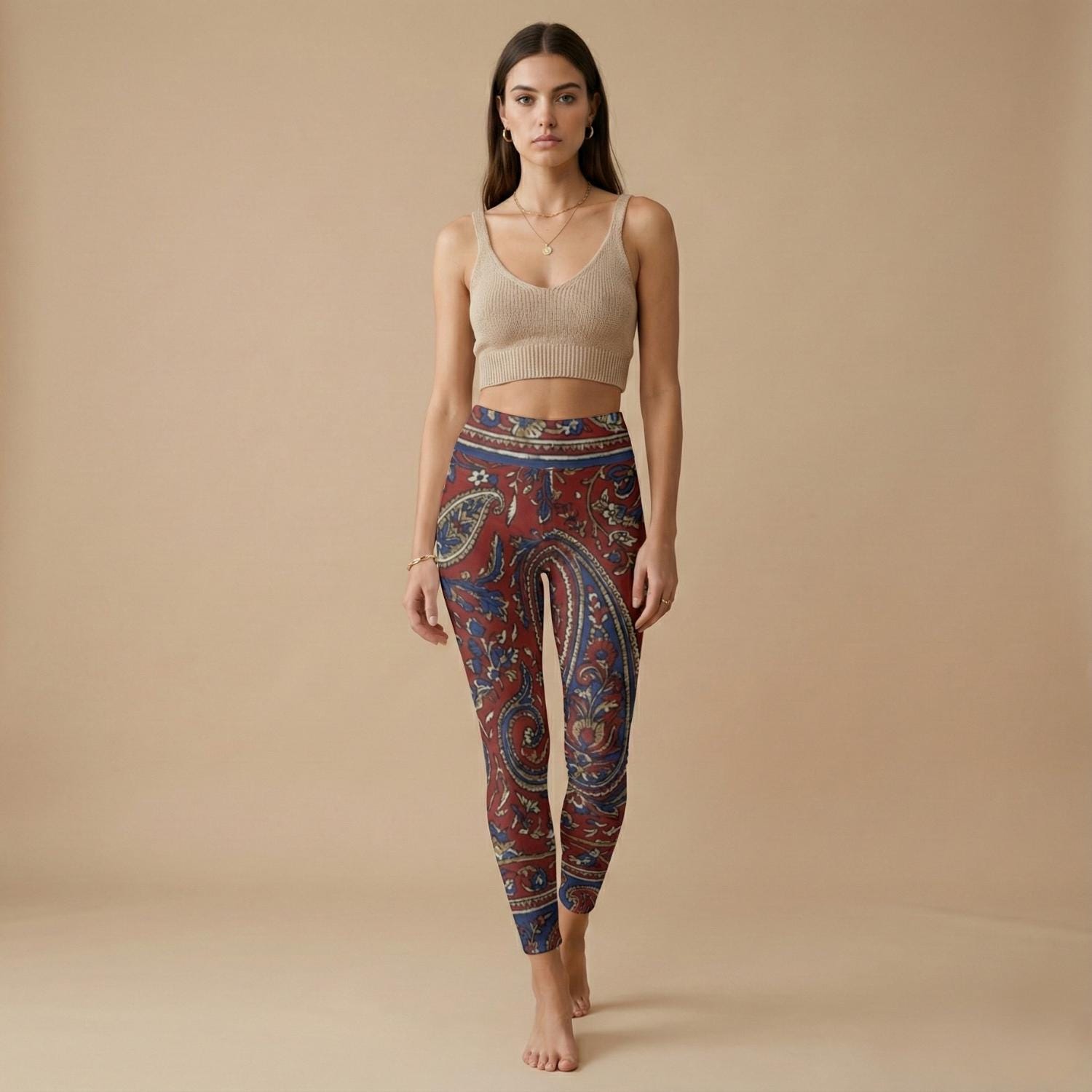 Red Boho Paisley Leggings | High Waist Festival Yoga Pants