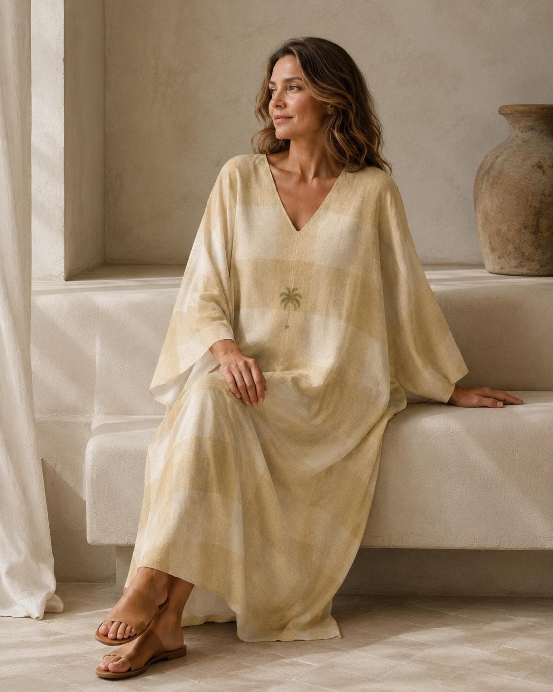 Beige Plaid Kaftan Dress | Oversized Resort Cover-Up