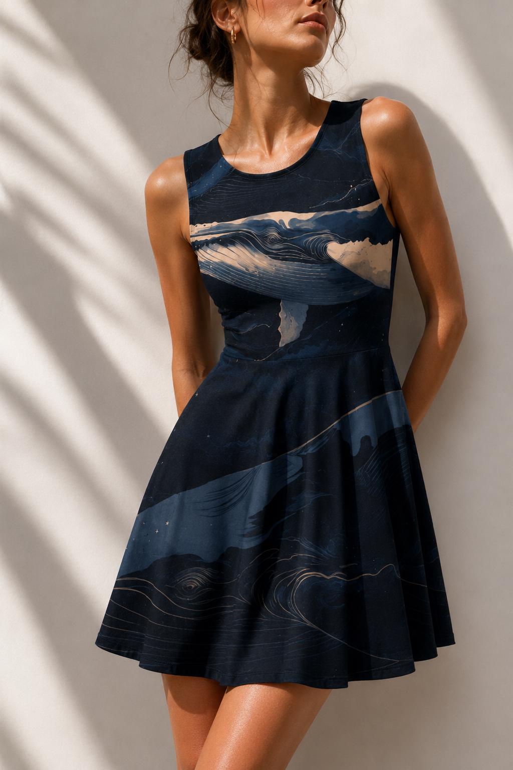 Midnight Whale Mini Dress | Coastal Ocean Art Skater Dress