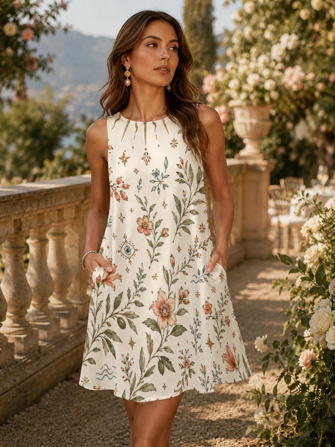 Mediterranean Evil Eye Dress | Floral Coastal A-Line Pocket Dress