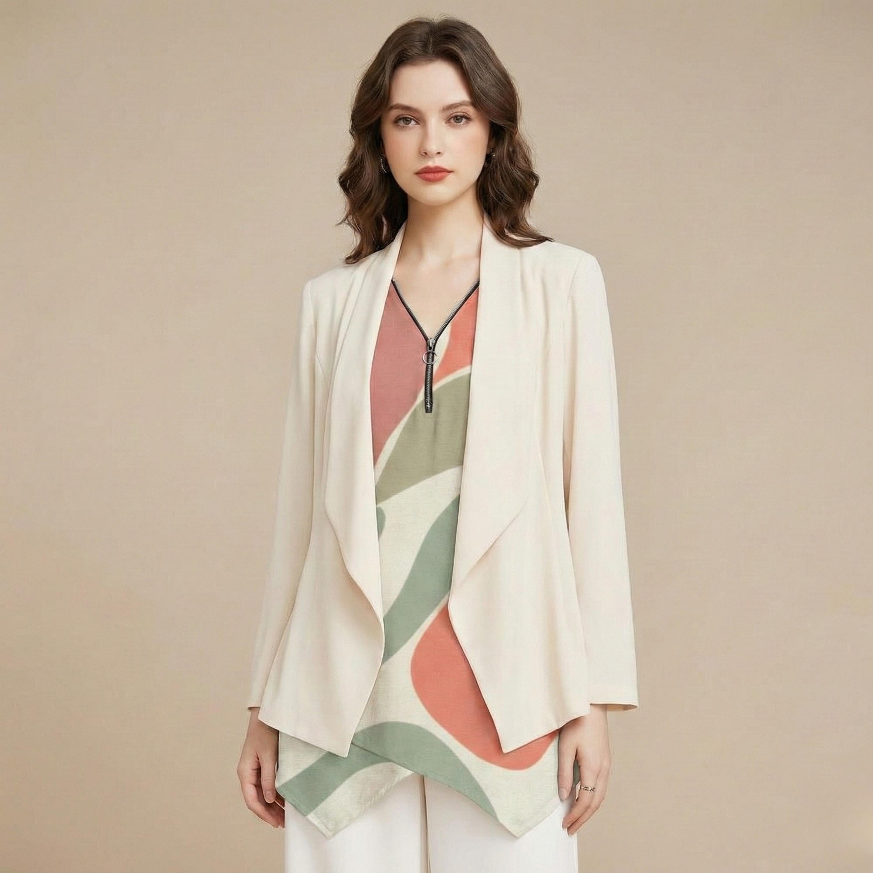 Abstract Leaf Zipper Blouse | V-Neck Linen-Look Tunic