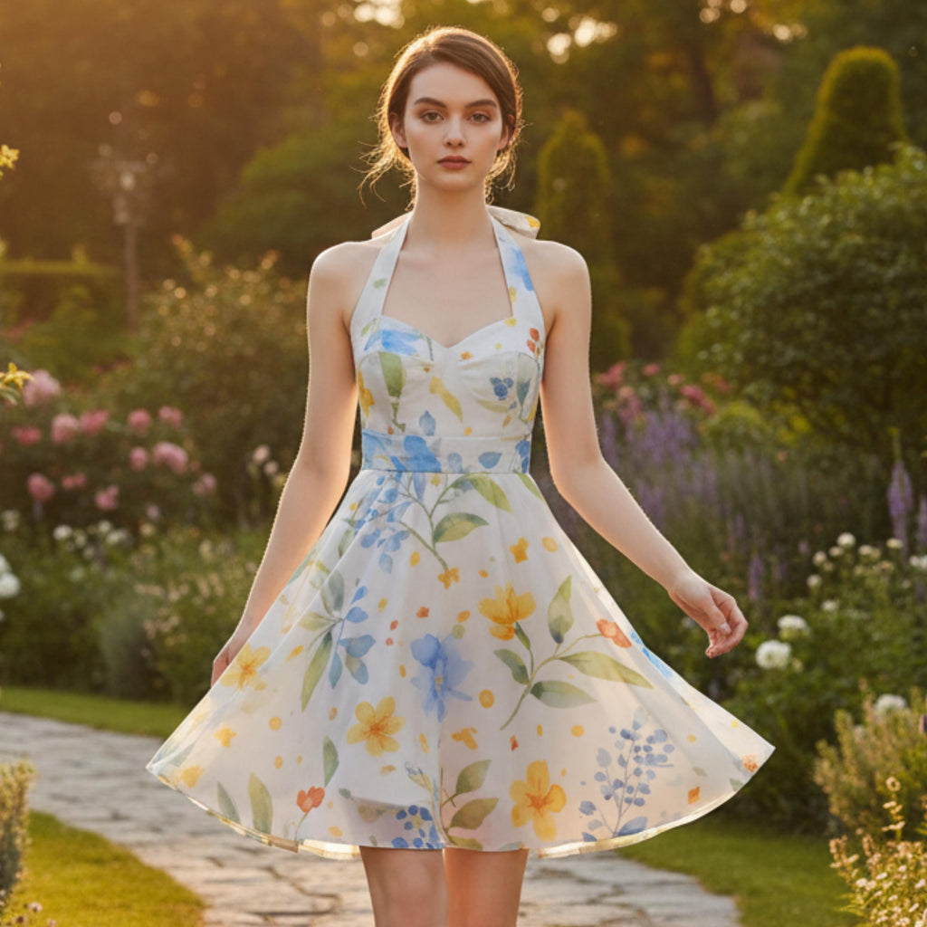 Watercolor Floral Halter Dress | Blue Yellow Skater Sundress
