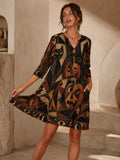 Gothic Halloween shift dress with black cat and pumpkin print
