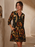 Halloween black cat pumpkin V-neck dress detail