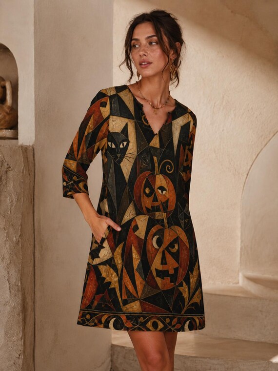 Halloween black cat pumpkin V-neck dress detail