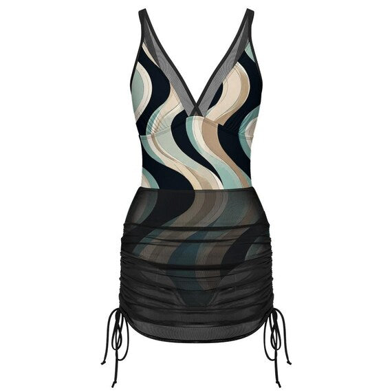 Abstract wave one-piece swimsuit with shaping mesh skirt – image 7