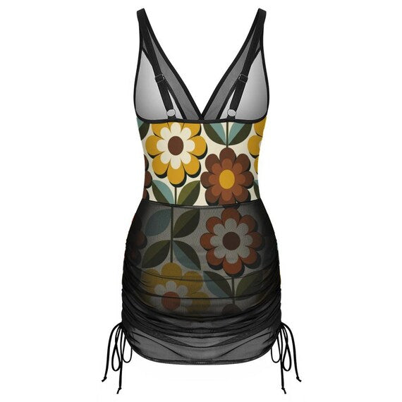 Retro floral one-piece swimsuit with sheer ruched mesh skirt – image 14
