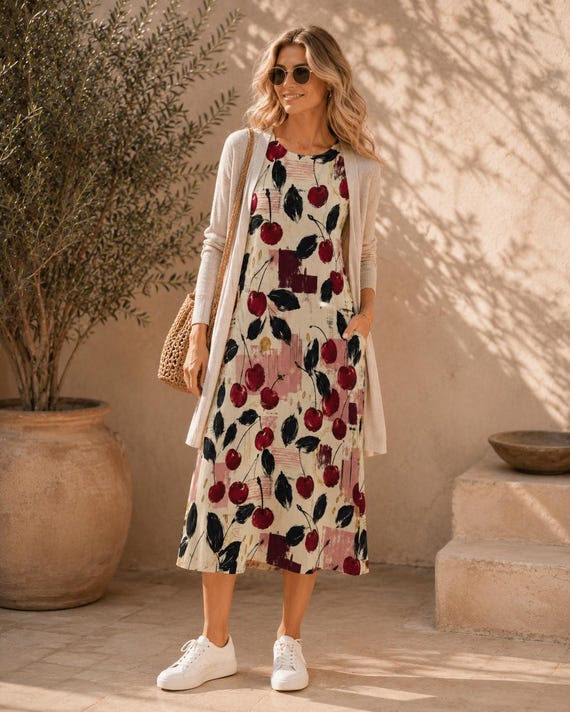 Cherry print cotton midi dress with pockets – image 3