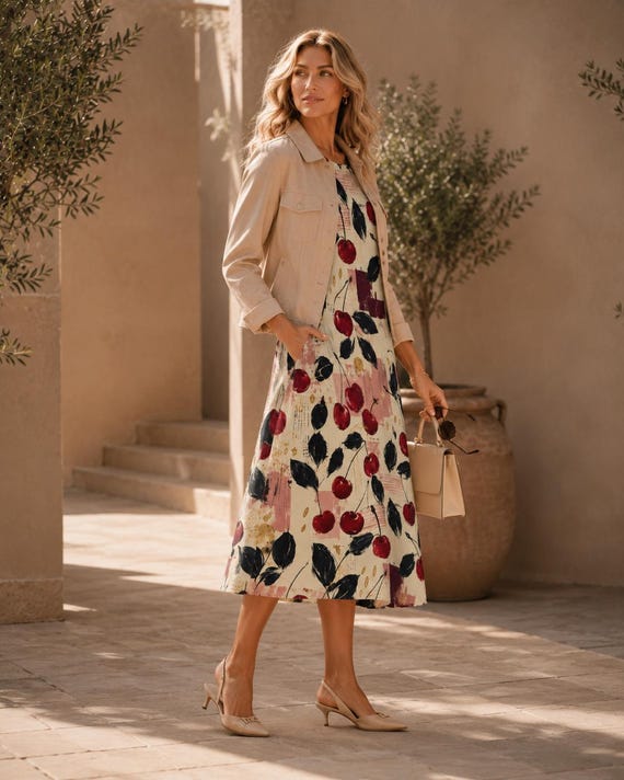 Cherry print cotton midi dress with pockets – image 5