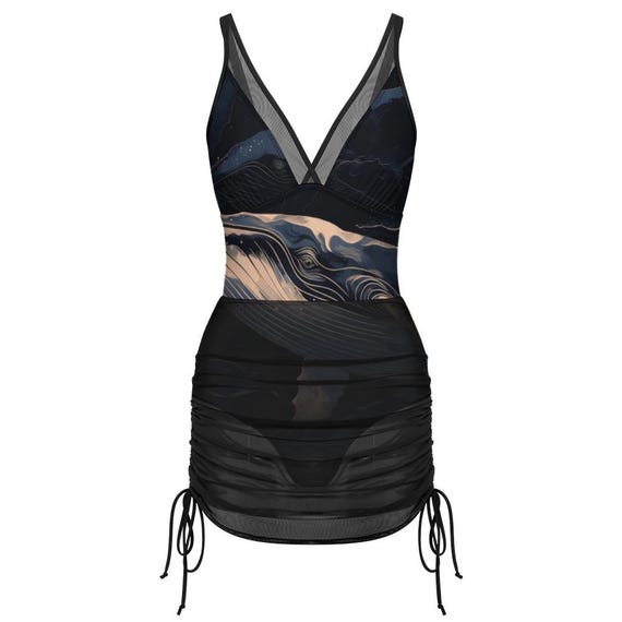 Ocean wave one-piece swimsuit with sheer ruched skirt – image 9