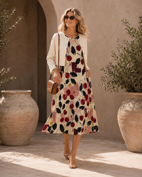 Cherry print cotton midi dress with pockets – image 2
