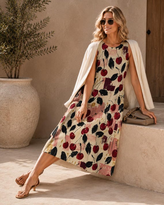 Cherry print cotton midi dress with pockets – image 4