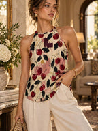 Cherry Print Tank Top styled with cream trousers