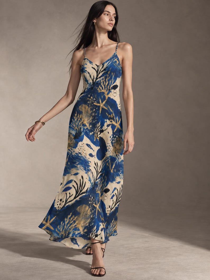 Blue Toile Maxi Dress with marine botanical print, front view