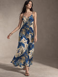 Blue Toile Maxi Dress with marine botanical print, front view