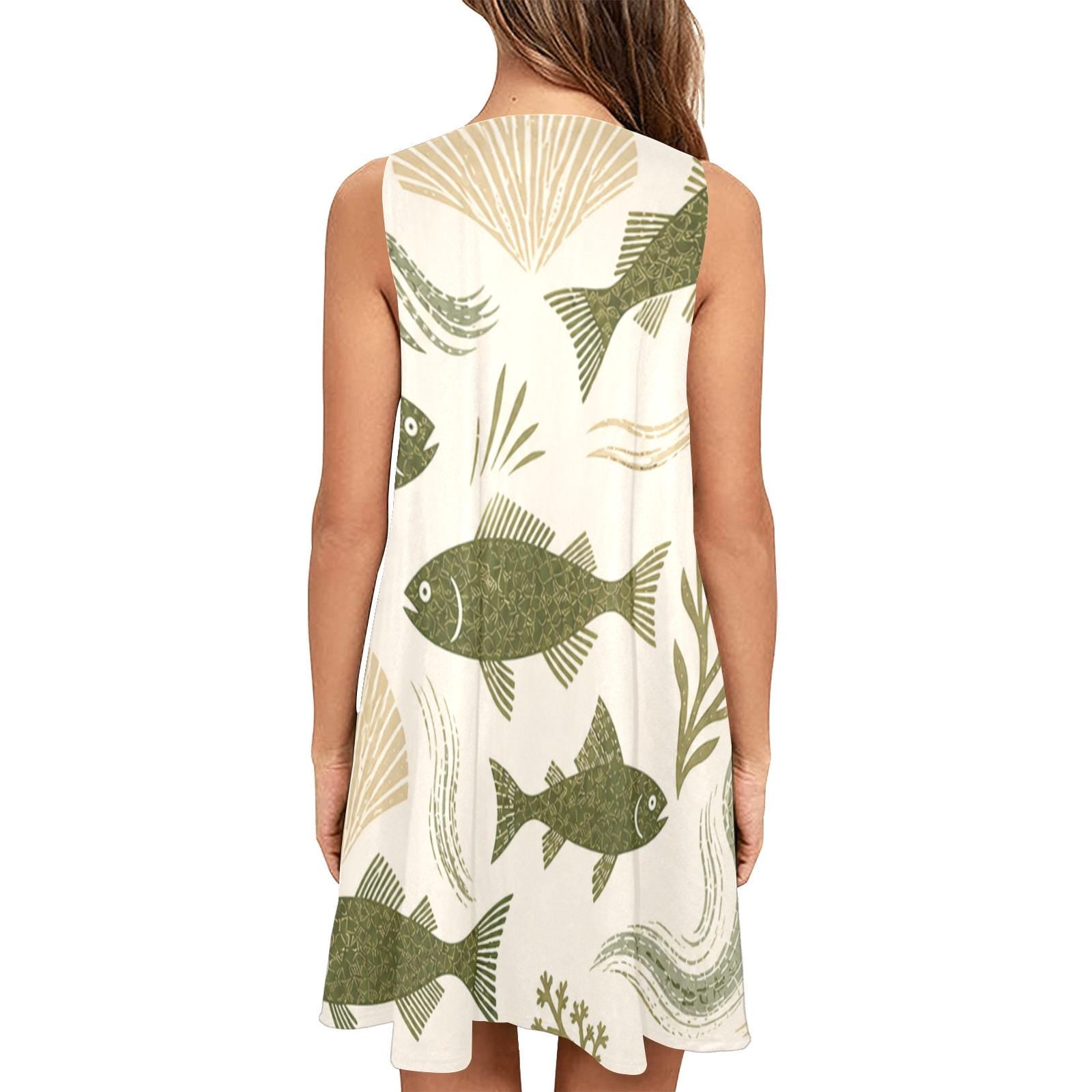 Olive Fish Print A-Line Mini Dress with Pockets for Beach Vacation - image 10