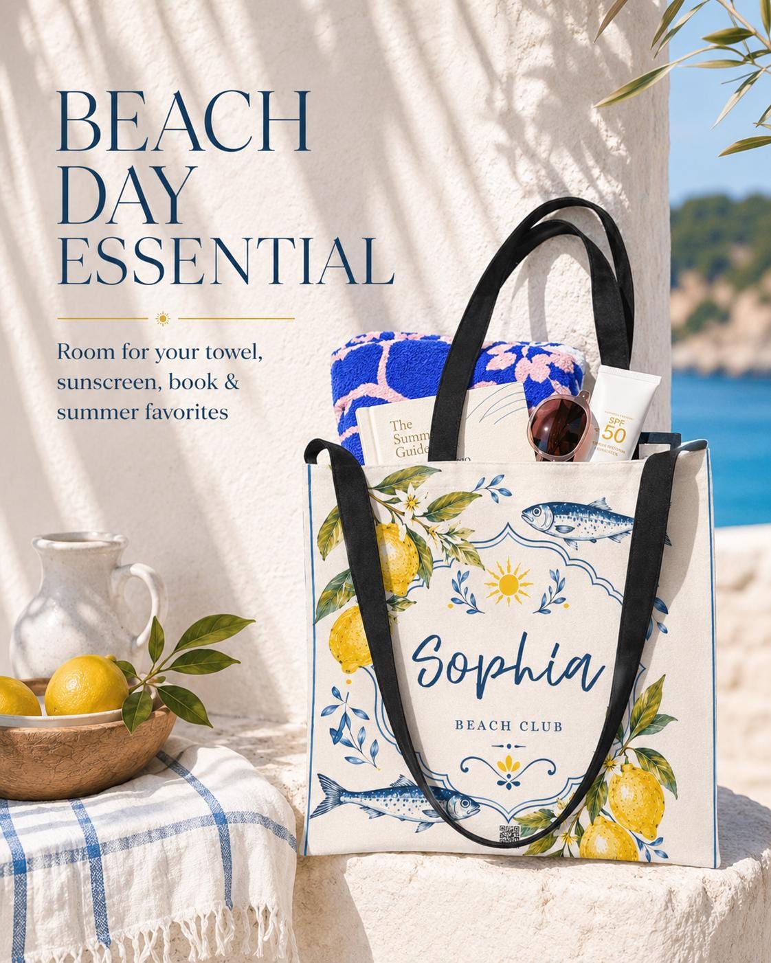 Personalized Lemon Fish Beach Tote Bag, Mediterranean Coastal Canvas Market Bag - image 4