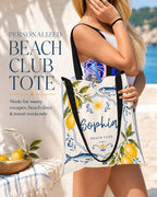 Personalized Lemon Fish Beach Tote Bag, Mediterranean Coastal Canvas Market Bag - image 5