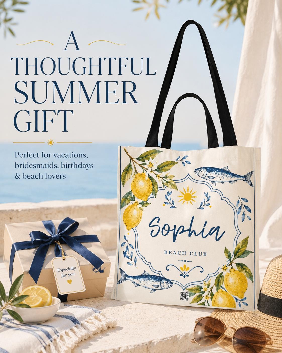 Personalized Lemon Fish Beach Tote Bag, Mediterranean Coastal Canvas Market Bag - image 2