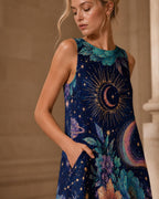 Celestial Moon Stars A-Line Mini Dress, Navy Floral Boho Sundress with Pockets - image 1