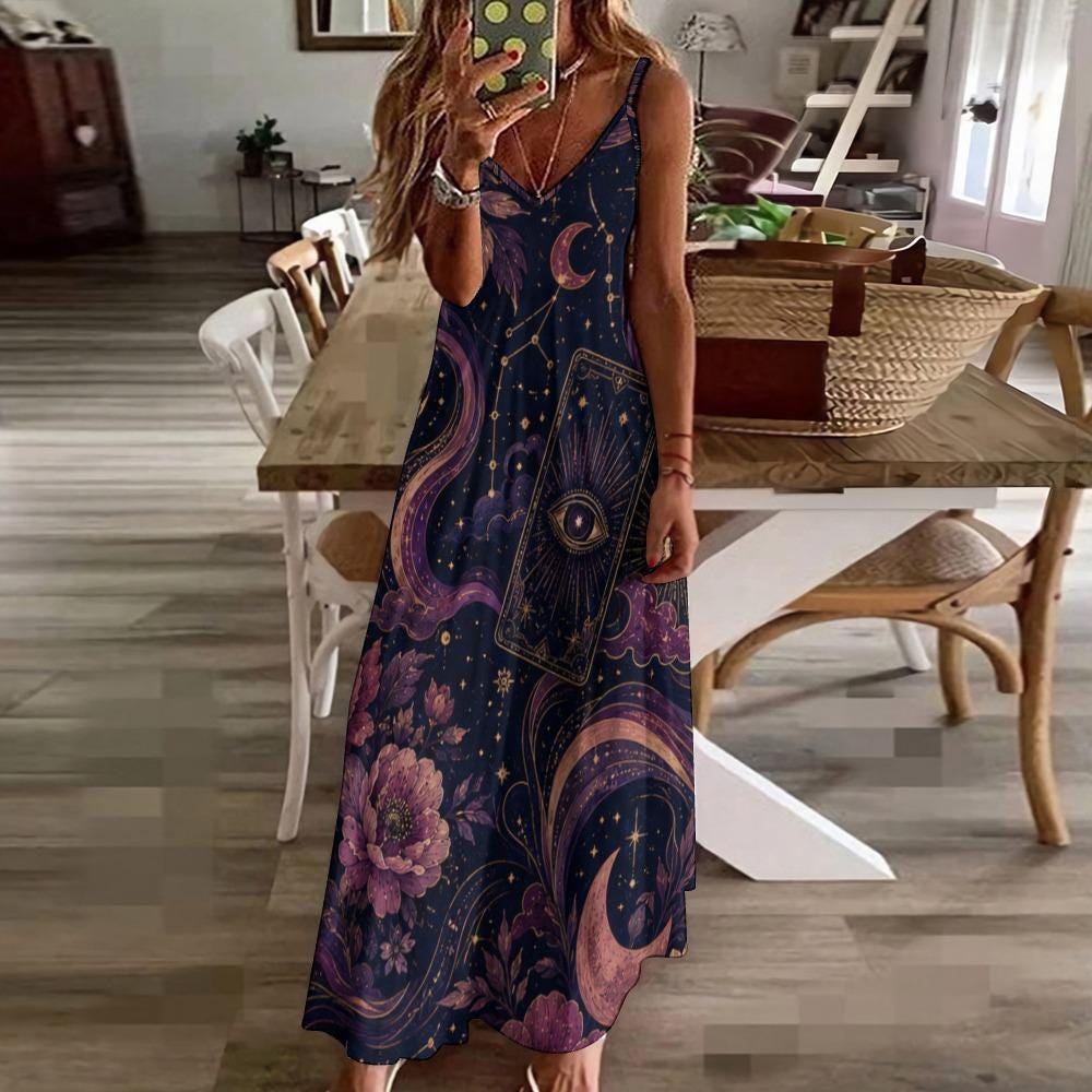 Celestial Tarot Maxi Dress, Moon Star Boho Sundress, Whimsigoth Vacation Outfit - image 10