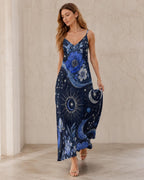 Celestial Maxi Dress, Moon Stars Floral Slip, Blue Boho Summer Vacation Outfit - image 2