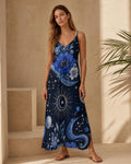 Celestial Maxi Dress, Moon Stars Floral Slip, Blue Boho Summer Vacation Outfit - image 1