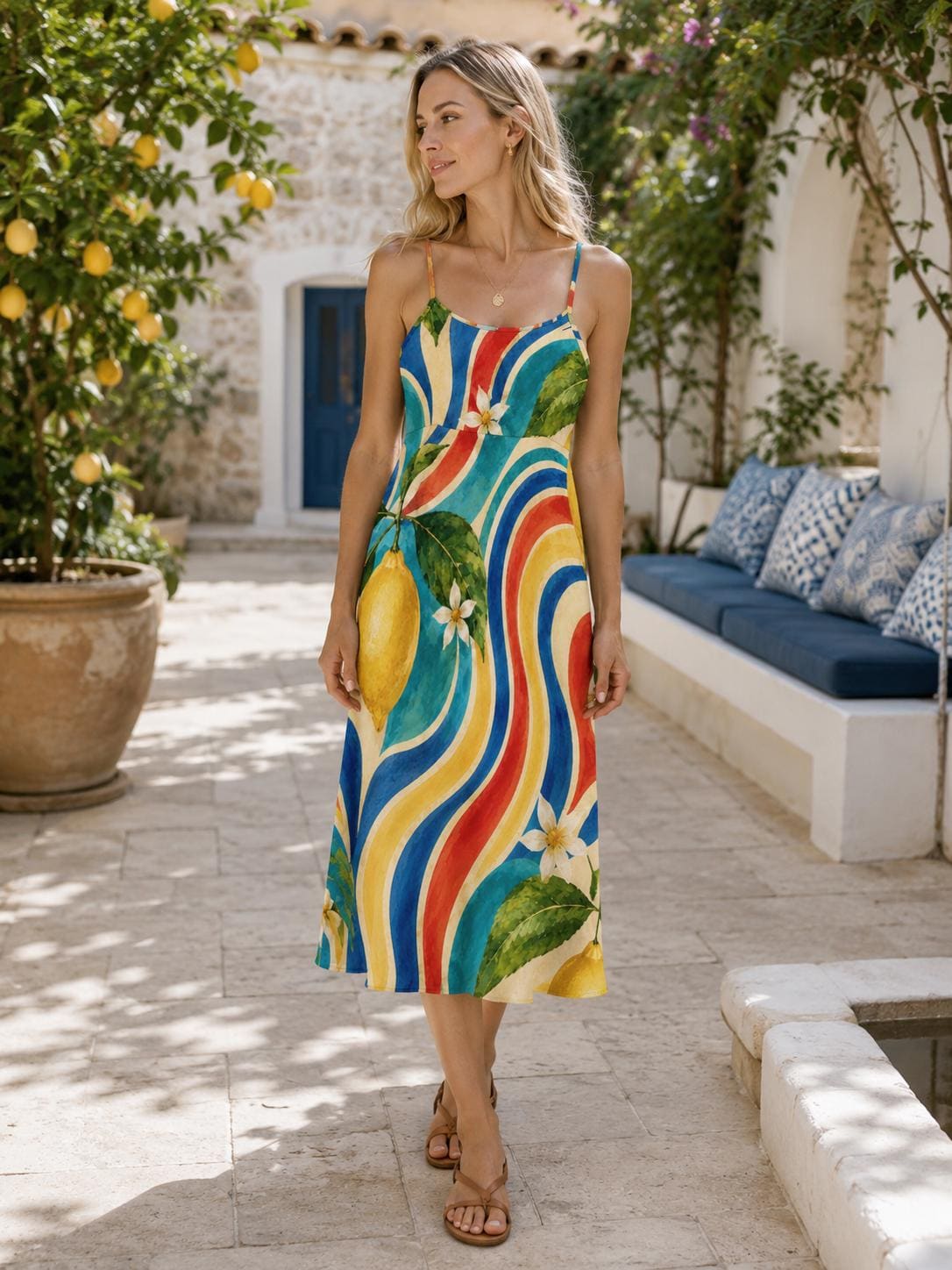 Amalfi Coast Lemon Dress, 70s Italian Watercolor Print Slip, Mediterranean Vacation Outfit - image 5