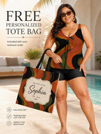 Plus Size Tankini with Shorts: Retro 70s Wave Two Piece Swimsuit, Adjustable Drawstring Top - image 2