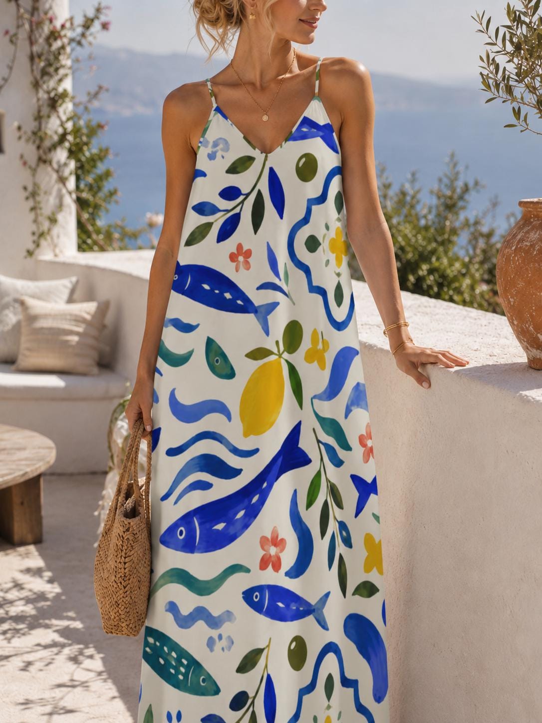 Mediterranean Sardine Lemon Maxi Dress, Coastal Tile Resort Wear - image 4