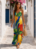 Amalfi Lemon Maxi Dress, Watercolor Citrus Print, Mediterranean Summer Resort Wear - image 1