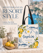 Personalized Lemon Fish Beach Tote Bag, Mediterranean Coastal Canvas Market Bag - image 3