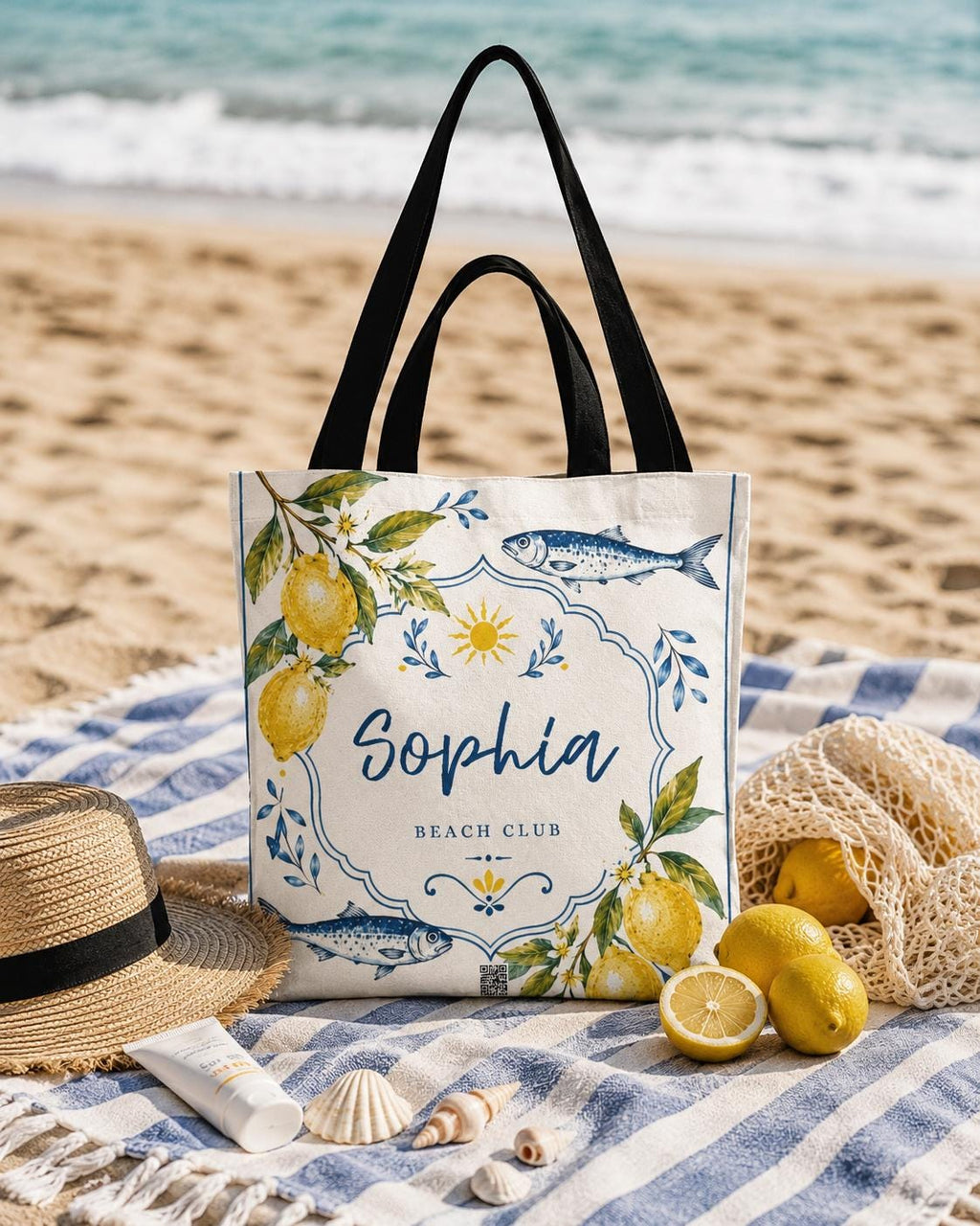 Personalized Lemon Fish Beach Tote Bag, Mediterranean Coastal Canvas Market Bag - image 1