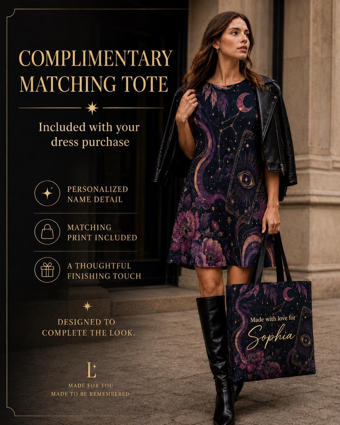 Celestial Moon Dress, Dark Floral A-Line Mini, Witchy Tarot Style, Pockets - image 2